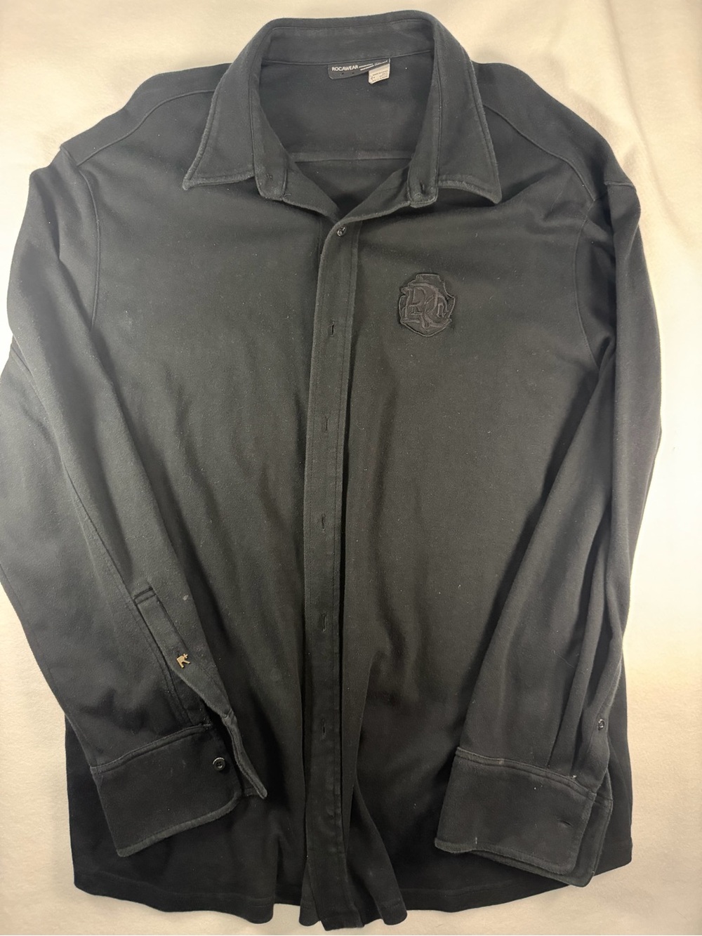 Rocawear Black Long-Sleeve Shirt Jacket with Embroidered Crest #Y2K # Vintage